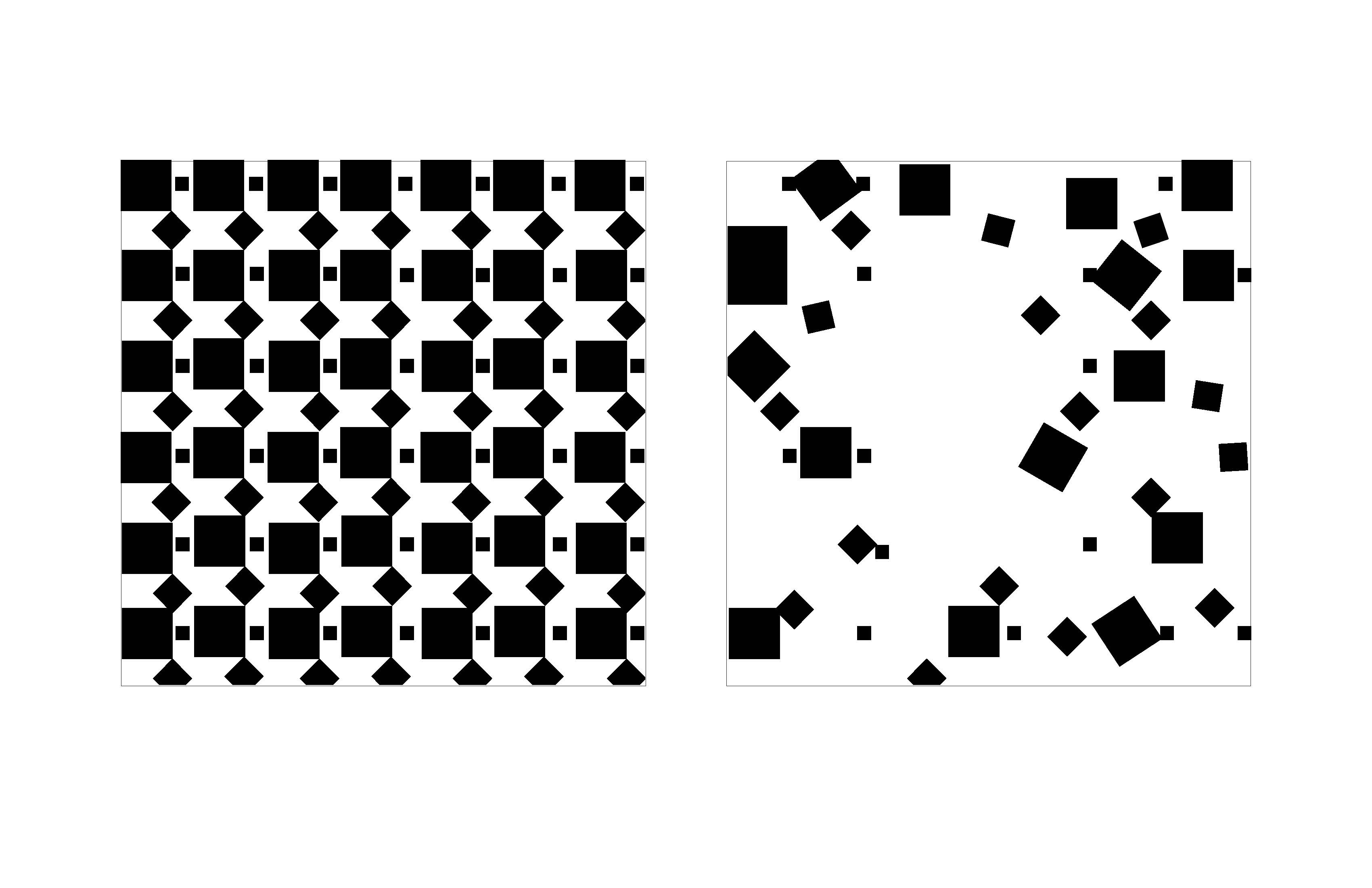 2 vector drawings depicting rhythmic vs. erratic using only squares